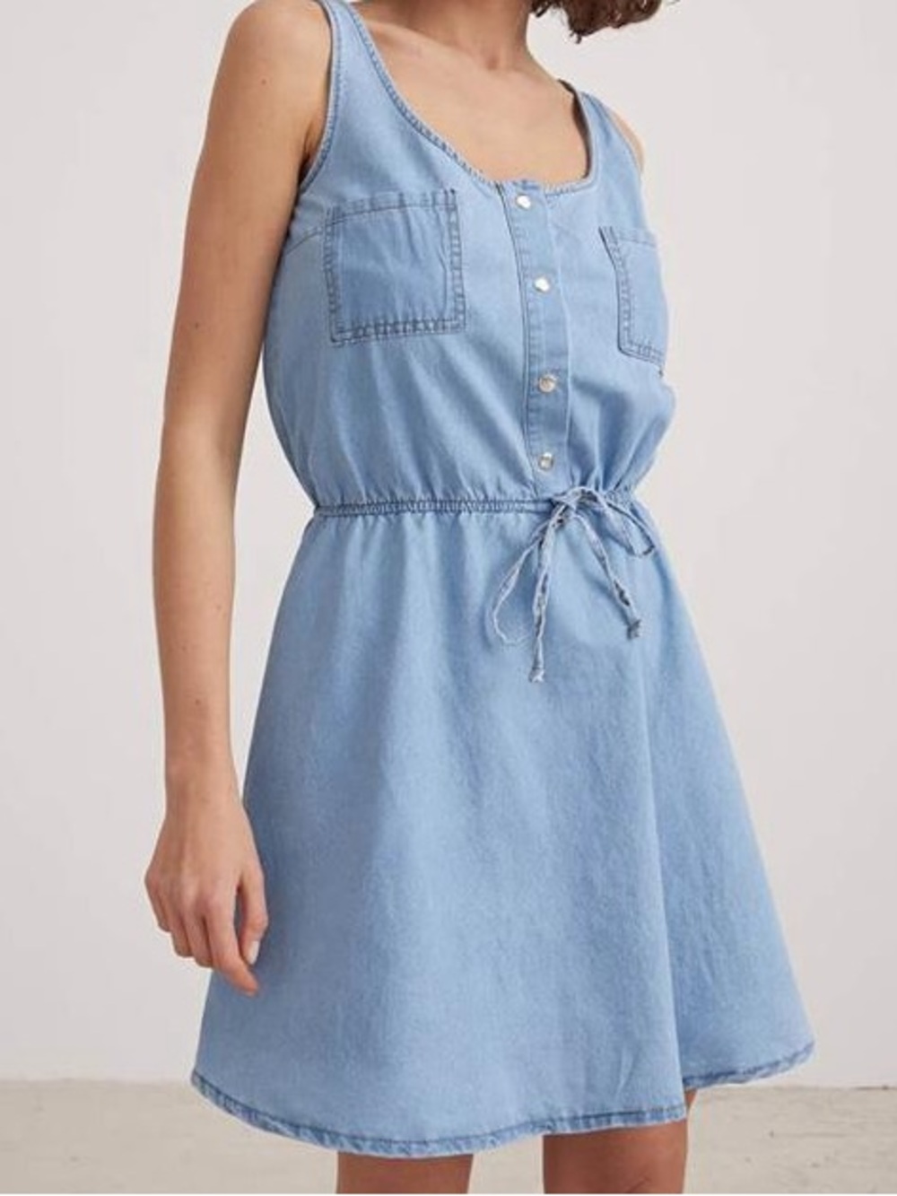 Light Blue Sleeveless Drawstring Denim/chambray Dress